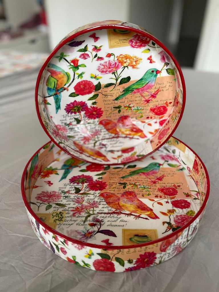 2 Pcs Serving Tray with Handles Ottoman Tray for Living Room Blue Boho Decorative - Modern Wooden Large Coffee Table Floral Trays