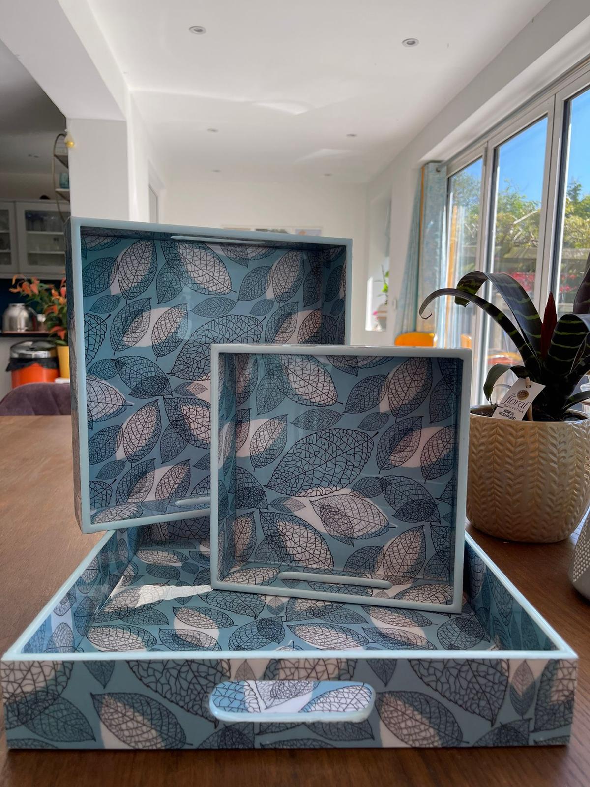 3 Pcs Serving Tray with Handles Ottoman Tray for Living Room Decorative - Modern wooden Large Coffee Table Trays Floral Pattern