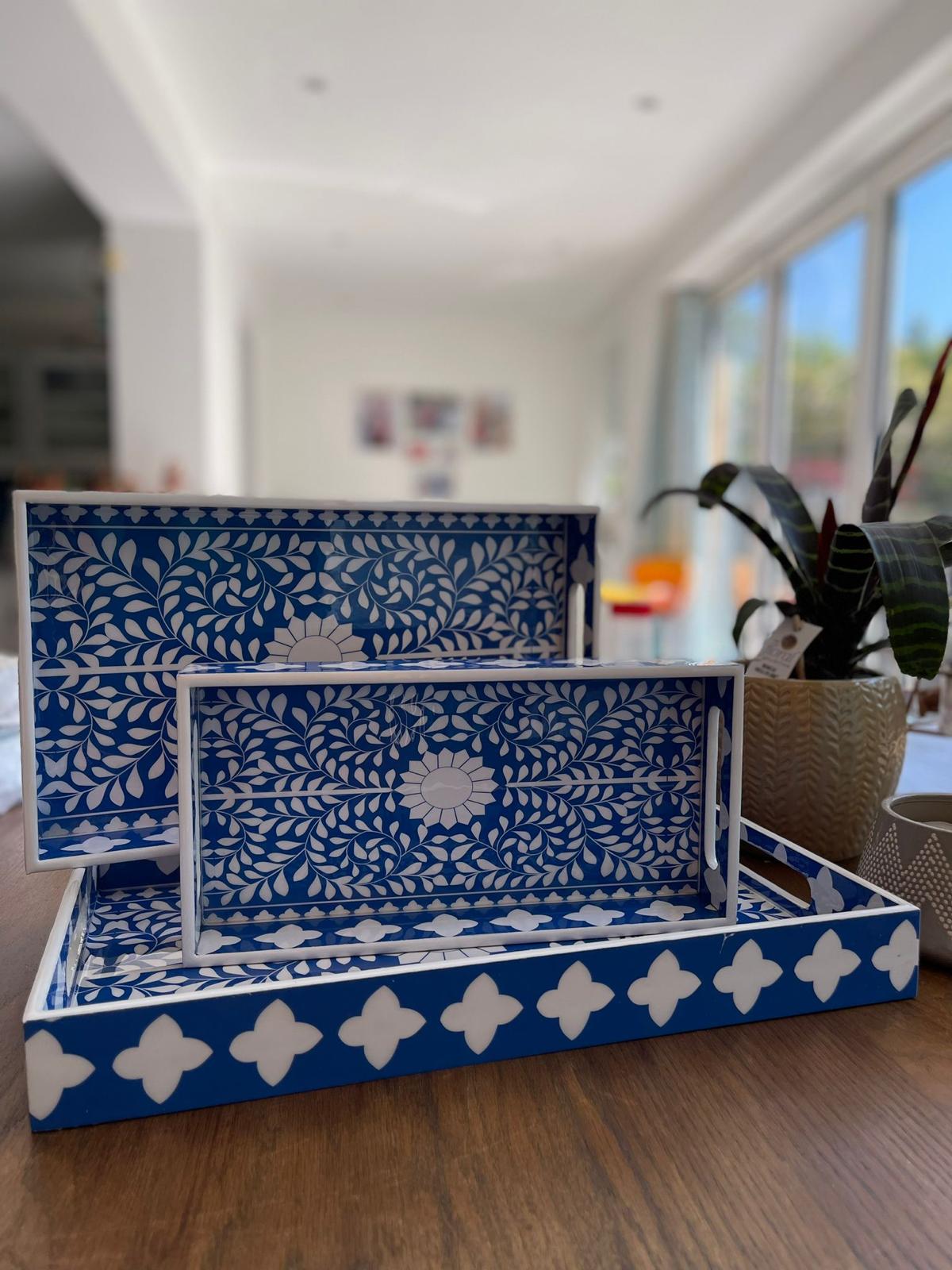 3 Pcs Serving Tray with Handles Ottoman Tray for Living Room Blue Boho Decorative - Modern wooden Large Coffee Table Trays