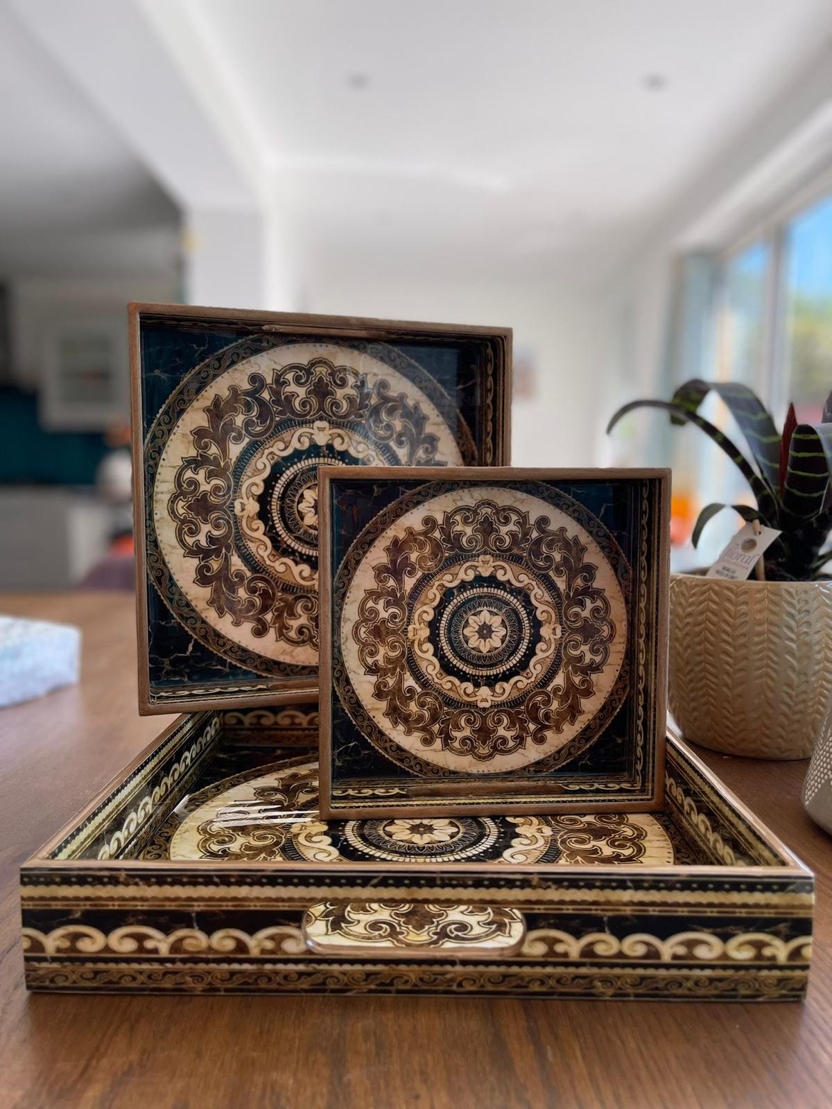 3 Pcs Serving Tray with Handles Ottoman Tray for Living Room Black Boho Decorative - Modern wooden Large Coffee Table Trays