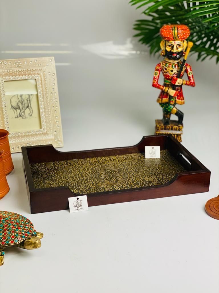 Handcrafted / HandMade Antique Wooden Serving Tray / FarmHouse Serving Tray/ Brass Coated Decorative Tray For HomeDecor/ Wedding Housewarming Gift