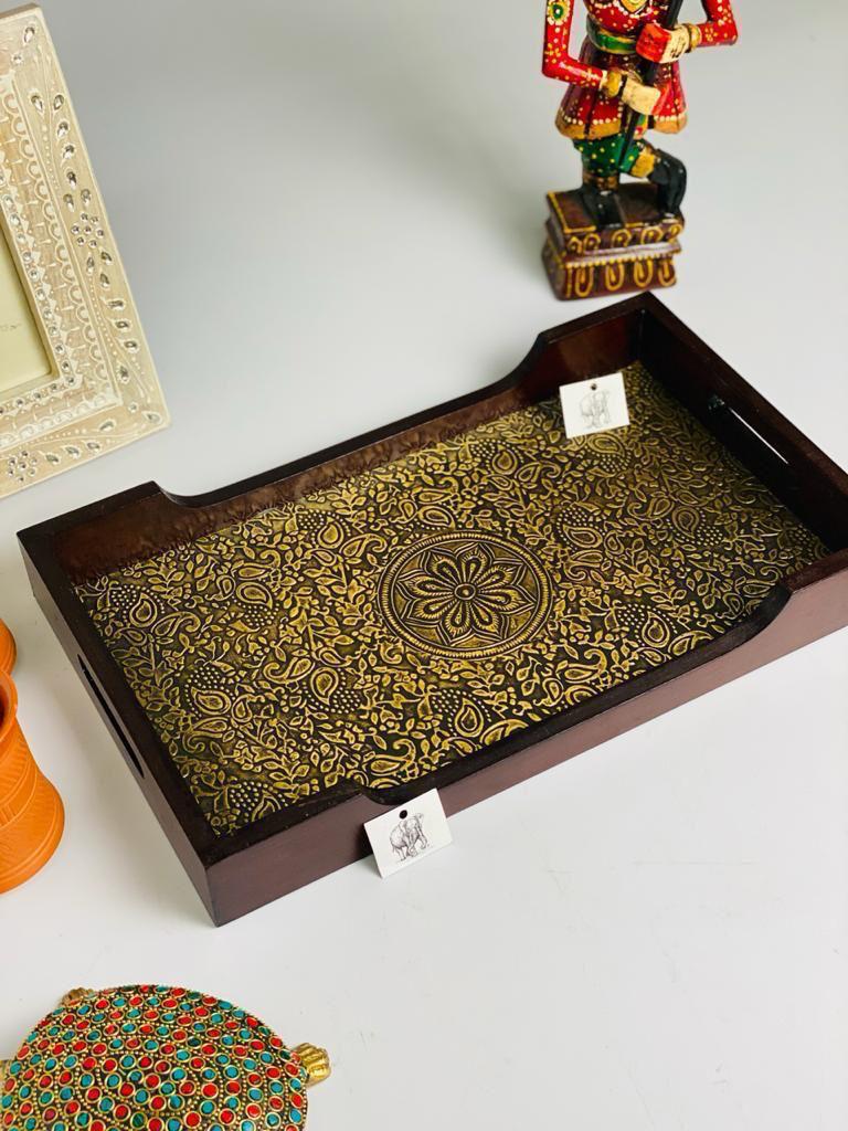 Handcrafted / HandMade Antique Wooden Serving Tray / FarmHouse Serving Tray/ Brass Coated Decorative Tray For HomeDecor/ Wedding Housewarming Gift