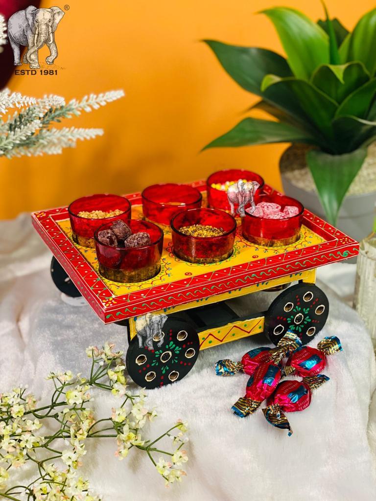 Handpainted Indian/Rajasthani style Tea / Nuts cart, Indian hand art, Multicolor kettle (7 piece product , 6 glass, stand)