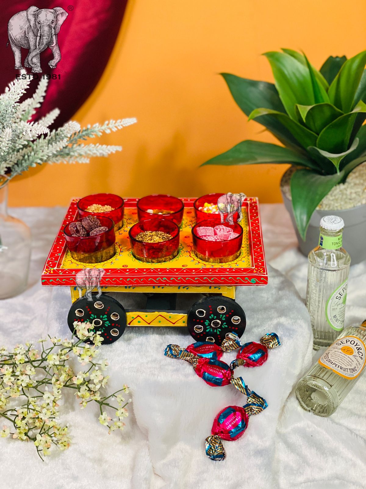 Handpainted Indian/Rajasthani style Tea / Nuts cart, Indian hand art, Multicolor kettle (7 piece product , 6 glass, stand)