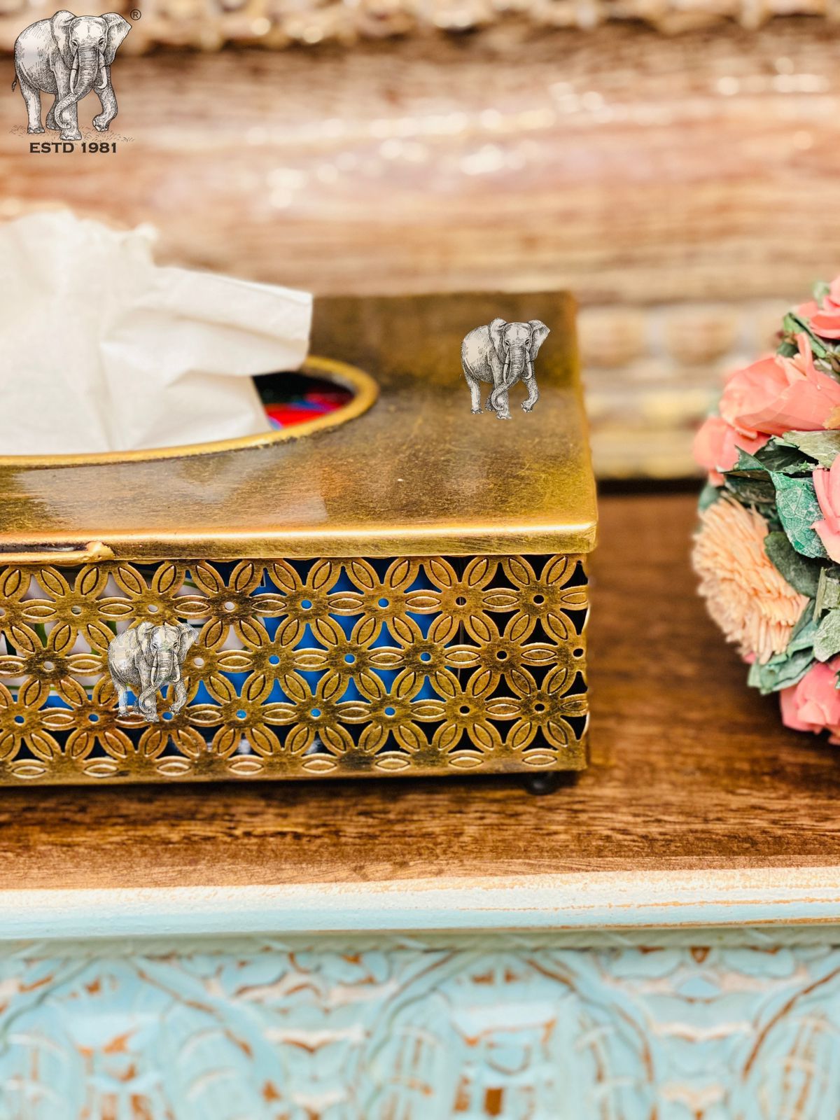 Moroccan rectangular tissue box, Made of metal, Hand carved, High quality, Brass painted