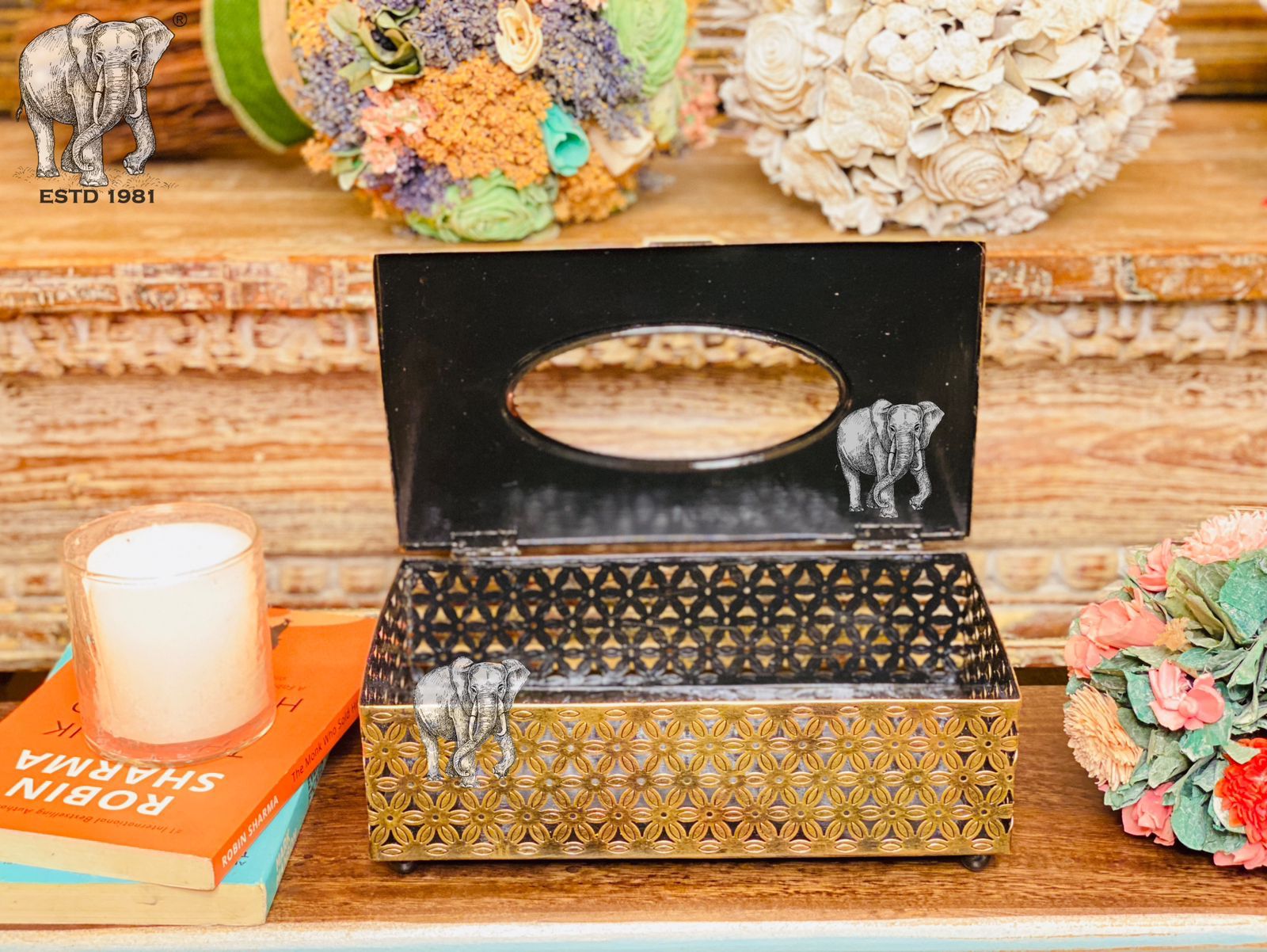 Moroccan rectangular tissue box, Made of metal, Hand carved, High quality, Brass painted