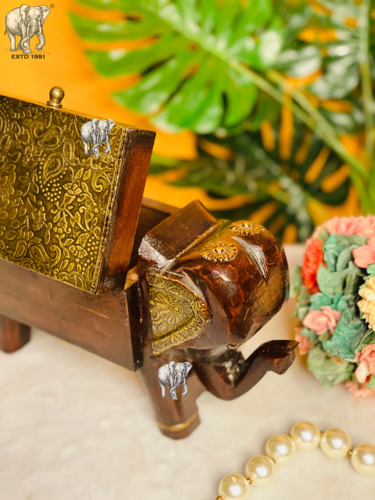 WOODEN BRASS FITTED ELEPHANT BOX