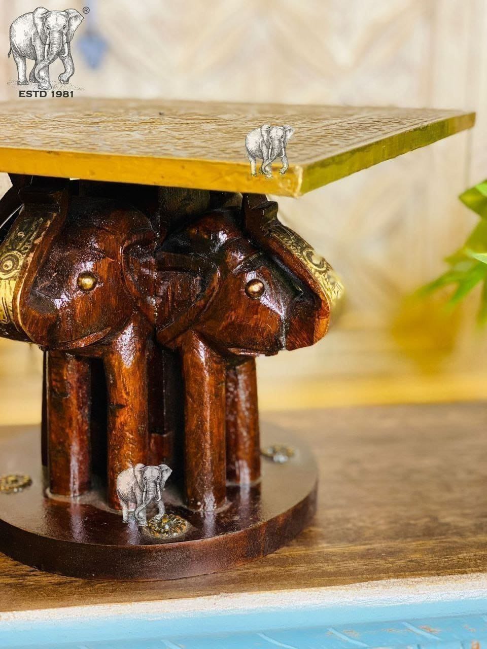 WOODEN BRASS FITTED ELEPHANT TABLE