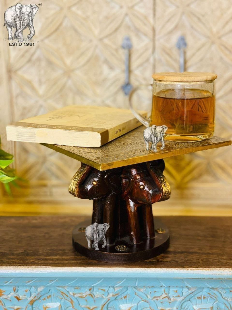 WOODEN BRASS FITTED ELEPHANT TABLE