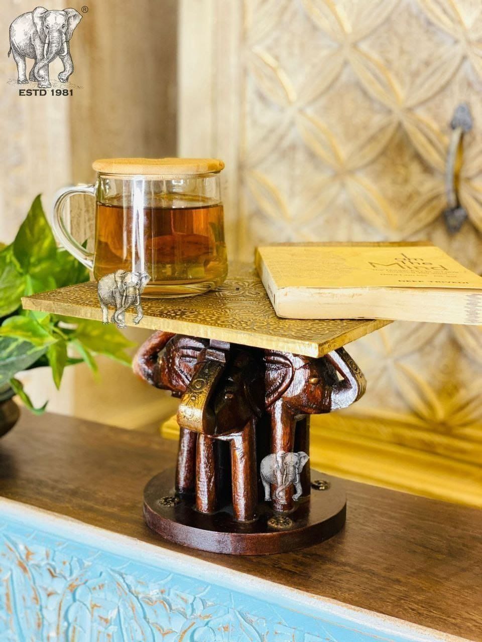 WOODEN BRASS FITTED ELEPHANT TABLE